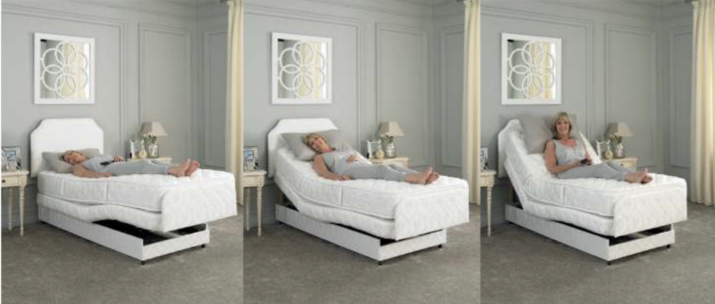 Three images of a woman lying down on an adjustable bed, in three different bed positions.