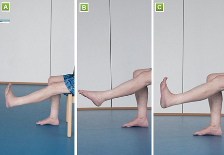 Three images, side-by-side, demonstrating an easy ankle stretch