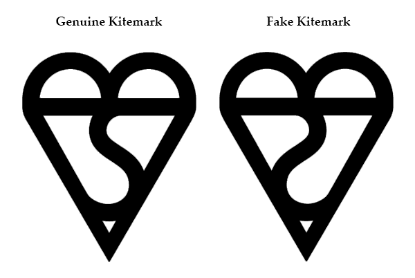 A graphic showing the genuine Kitemark and a fake alternative.