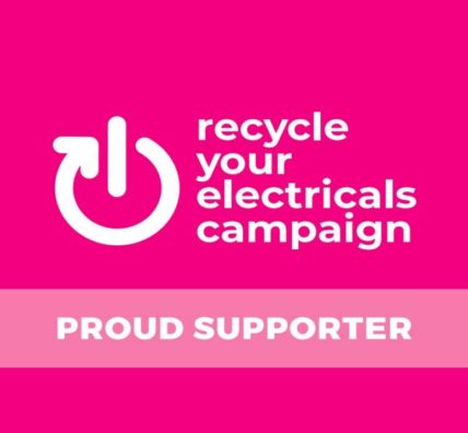 Logo showing a power button symbol encircled by an arrow, next to the text 'recycle your electricals'. The text 'Proud Supporter' is underneath the logo.